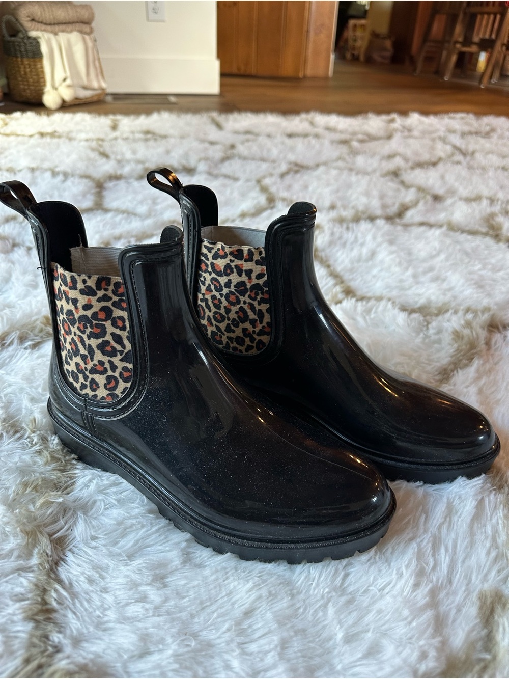 Women’s Black Rain Chelsea Boots with Leopard Elastic Panels